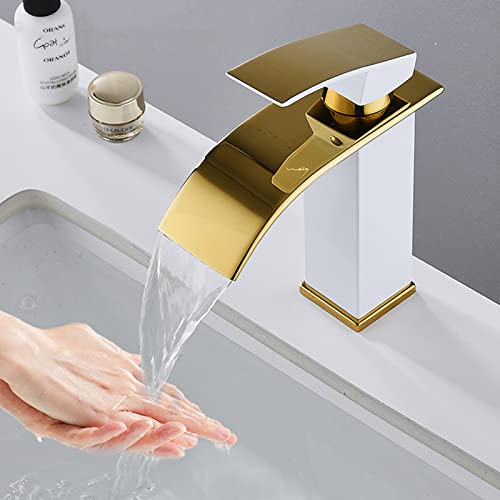 Badezimmerarmaturen, Einhand-Wasserfall-Wasserhahn, Waschbecken-Mischbatterie, Waschbeckenarmaturen für Badezimmer, Weiß + Gold Better life von AnraM