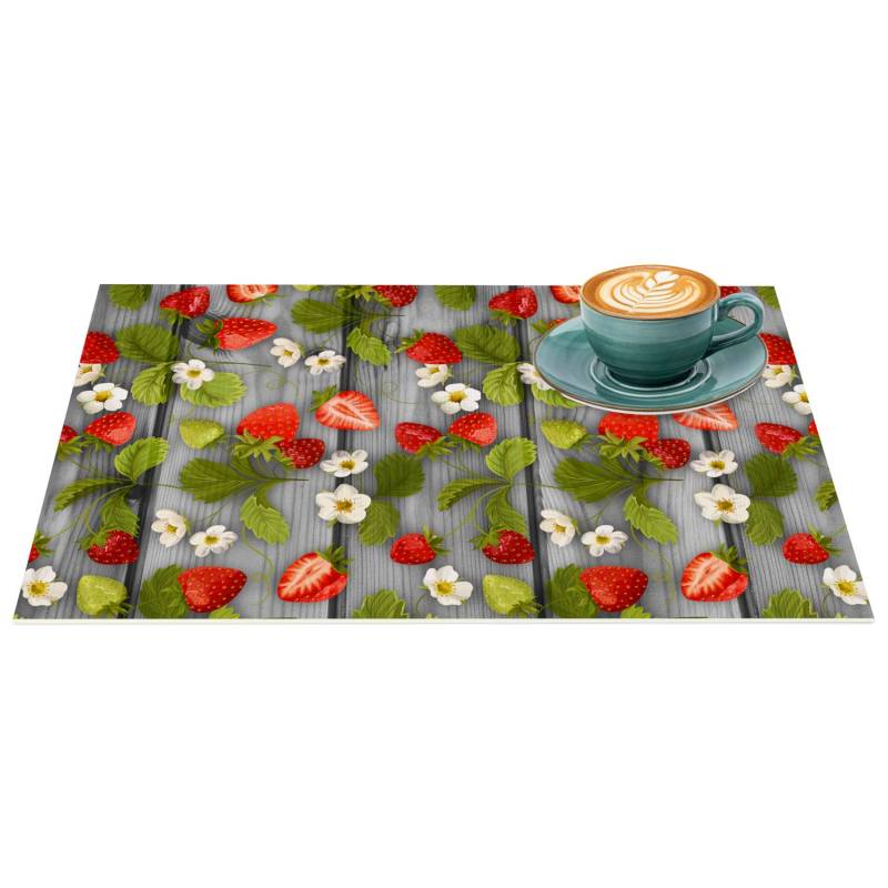 Platzsets Tischset Platzdeckchen Tischuntersetzer abwaschbar PVC hitzebeständig Gartenerdbeeren Holz Grau 35x50cm von Anro