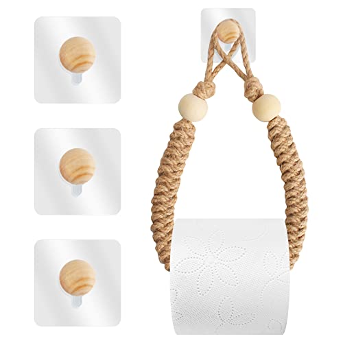 Anruyi Toilettenpapierhalter ohne Bohren, Vintage Industrie Seil Handtuchhalter WC Papier Halterung Vintage Jute Seil Klopapierhalter mit 3 Kleben Häkchen für Badezimmer Bad Dekoration Industrie Seil von Anruyi