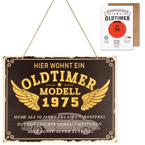 Anruzon 50 Geburtstag Mann - Witziges Holzschild mit Geburtstagskarte und Umschlag geliefert - HIER WOHNT EIN OLDTIMER - Lustige Geschenke zum 50 Geburtstag Mann, Vatertag & Weihnachten von Anruzon