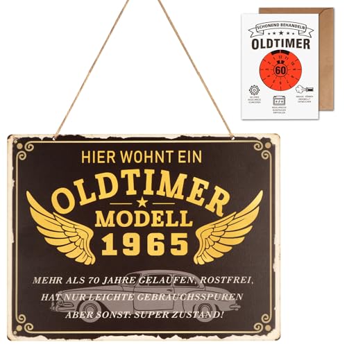Anruzon 60 Geburtstag Mann - Witziges Holzschild mit Geburtstagskarte und Umschlag geliefert - HIER WOHNT EIN OLDTIMER - Lustige Geschenk zum 60 Geburtstag Mann, Vatertag & Weihnachten von Anruzon