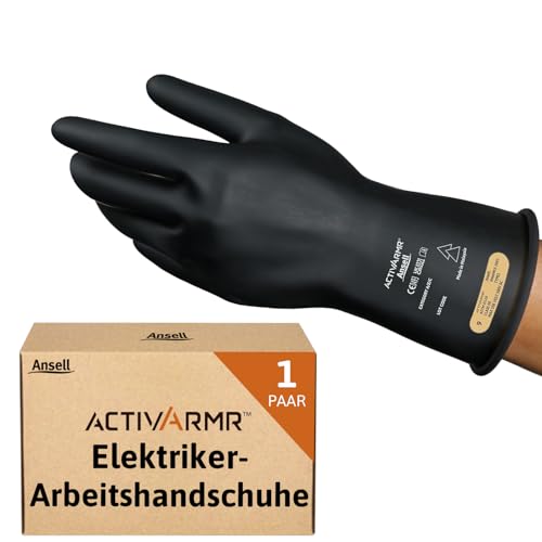 Ansell ActivArmr Elektriker-Schutzhandschuhe, Elektroschutz Klass 00 (500V), Elektrisch Isolierende Gummihandschuhe, Professionelle Arbeitshandschuhe 28cm, Schwarz, Größe M (1 Paar) von Ansell