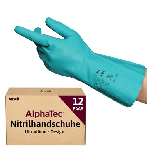 Ansell AlphaTec 37-300 Mehrzweckhandschuhe aus Nitril, Chemikalienschutz, Lebensmittel Geeignet, Wiederverwendbare Nitrilhandschuhe, Hausputz, Haushalt, Kochen, Grün, Größe L (12 Paar) von Ansell