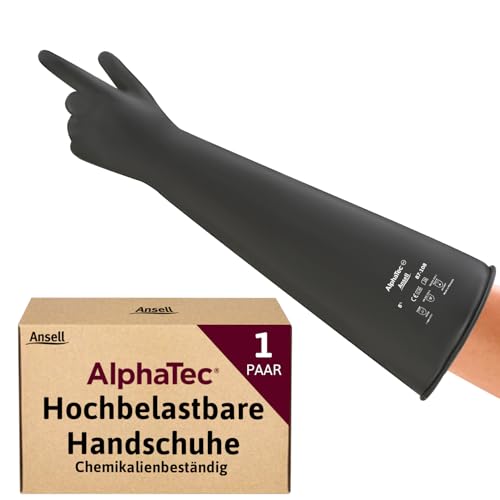 Ansell AlphaTec 87-108 Chemikalienschutz-Handschuhe aus Latex, Wiederverwendbare Chemie-Handschuhe für Industrie, Lebensmittel Geeignet, Gummi Arbeitshandschuhe, Schwarz, Größe L (1 Paar) von Ansell