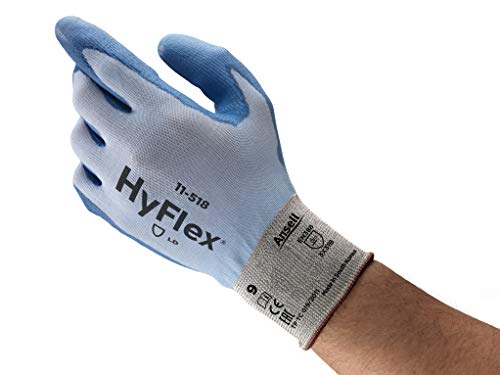 Ansell HyFlex 11-518 Schnittschutz-Handschuhe, Extrem Leichter Nahtlosträger, Hohe Fingerbeweglichkeit und Abriebfestigkeit, Mechanikschutz-Handschuh, Blau, Größe L (12 Paar) von Ansell