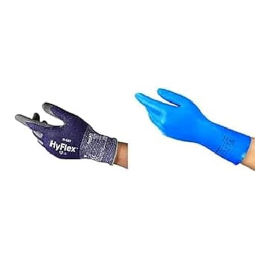 Ansell HyFlex 11-561 Schnittschutz-Handschuhe, Atmungsaktive Nitril-beschichtung, Blau, Größe L (1 Paar) + AlphaTec 37-310 Mehrzweckhandschuhe aus Nitril, Chemikalienschutz, Blau, Größe L (12 Paar) von Ansell