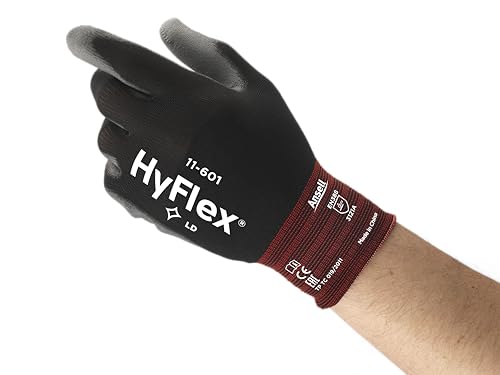 Ansell HyFlex 11-601 Dünne Arbeitshandschuhe, Nylon-Strickhandschuhe mit PU Beschichtung, Leichte Schutzhandschuhe, Präzises Arbeiten und Heimwerken, Mechanikschutz, Schwarz, Größe M (12 Paar) von Ansell