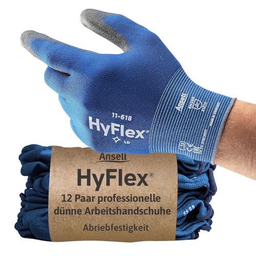 Ansell HyFlex 11-618 Mechaniker- Nylon Handschuhe, Abriebfeste Schutzhandschuhe mit PU-Beschichtung, Sicherheitshandschuhe für Präzisionsarbeiten, Touchscreen-Arbeitshandschuhe, 12 Paar, Gr. XS von Ansell