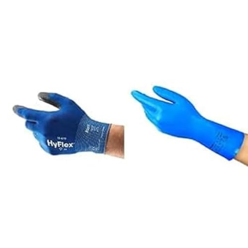 Ansell HyFlex 11-618 Dünne Arbeitshandschuhe, PU Beschichtung, Mechanik, Blau, Größe L (12 Paar) + AlphaTec 37-310 Mehrzweckhandschuhe aus Nitril, Chemikalienschutz Blau, Größe L (12 Paar) von Ansell