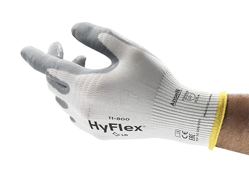 Ansell HyFlex 11-800 Professionelle Arbeitshandschuhe, Rutschfeste Nitril-Beschichtung, Industrie-Schutzhandschuhe für Mechanik, Werkstatt und Montage, Waschbare, Weiß, Größe XL (12 Paar) von Ansell