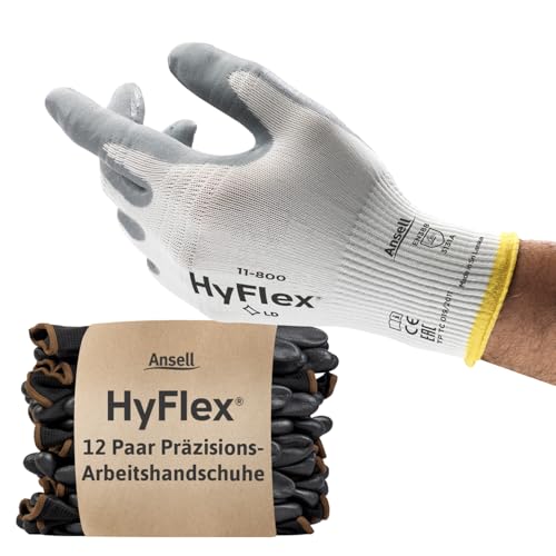 Ansell HyFlex 11-800 Professionelle Arbeitshandschuhe, Rutschfeste Nitril-Beschichtung, Industrie-Schutzhandschuhe für Mechanik, Werkstatt und Montage, Waschbare, Weiß, Größe 2XL (12 Paar) von Hyflex