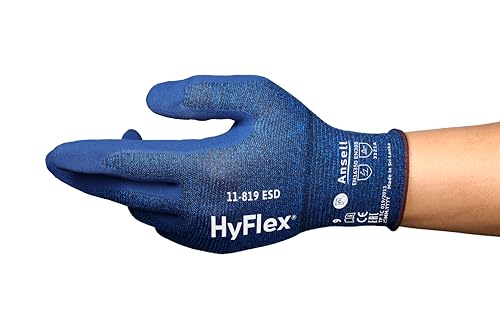 Ansell HyFlex 11-819 Dünne Arbeitshandschuhe, Rutschfeste Nitril-Beschichtung, Schutzhandschuhe vor Elektrostatischen Entladungen, Antistatisch, TouchScreen, Blau, Größe M (12 Paar) von Ansell
