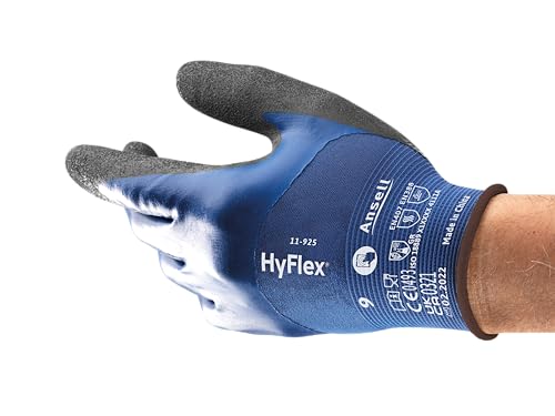 Ansell HyFlex 11-925 Ölabweisenden Arbeitshandschuhe, Rutschfeste Nitril-Beschichtung, Wasserdichte Schutzhandschuhe für Industrie und Mechanik, Dünne Montagehandschuhe, Blau, Größe M (12 Paar) von Ansell