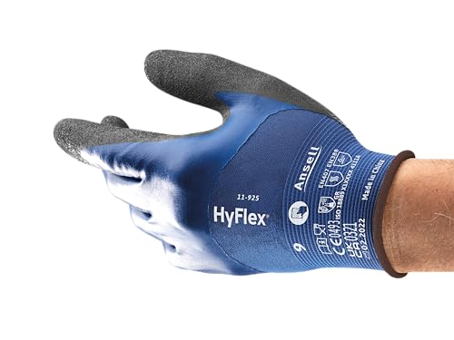 Ansell HyFlex 11-925 Ölabweisenden Arbeitshandschuhe, Rutschfeste Nitril-Beschichtung, Wasserdichte Schutzhandschuhe für Industrie und Mechanik, Dünne Montagehandschuhe, Blau, Größe S (12 Paar) von Ansell