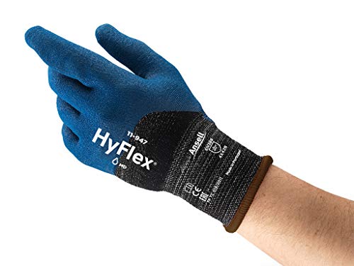 Hyflex Ansell 11-947 Ölabweisender Arbeitshandschuhe, Guter Schnittschutz und Griffsicherheit, Exzellente Abriebfestigkeit, Mechanikschutz, Industrie PSA, Blau, Größe M (12 Paar) von Hyflex