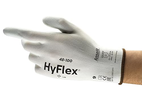 Ansell HyFlex 48-100 Dünne Arbeitshandschuhe mit PU Beschichtung, Leichte Schutzhandschuhe für Präzises Arbeiten, Heimwerk, Montage, Handschuhe Herren Damen, Weiß, Größe M (12 Paar) von Ansell