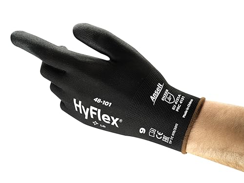 Ansell HyFlex 48-101 Dünne Arbeitshandschuhe mit PU Beschichtung, Leichte Schutzhandschuhe für Präzises Arbeiten, Heimwerk, Montage, Handschuhe Herren Damen, Schwarz, Größe XS (12 Paar) von Ansell