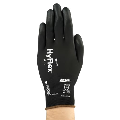 Ansell HyFlex 48-101 Dünne Arbeitshandschuhe mit PU Beschichtung, Leichte Schutzhandschuhe für Präzises Arbeiten, Heimwerk, Montage, Handschuhe Herren Damen, Schwarz, Größe M (12 Paar) von Ansell