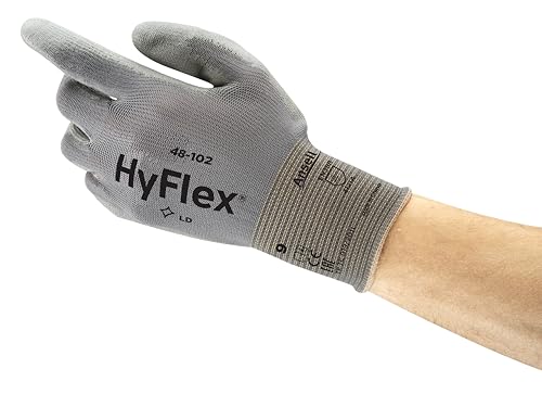 Ansell HyFlex 48-102 Dünne Arbeitshandschuhe mit PU Beschichtung, Leichte Schutzhandschuhe für Präzises Arbeiten, Heimwerk, Montage, Handschuhe Herren Damen, Grau, Größe M (12 Paar) von Ansell