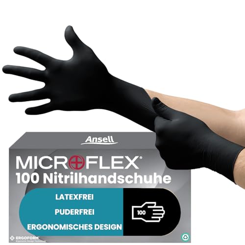 Ansell MicroFlex 93-852 Einmalhandschuhe Latexfreie, Schwarz Nitrilhandschuhe Puderfrei, Chemikalien-Schutzhandschuhe, Mechaniker Handschuhe, Schwarze Handschuhe XS (100 Stück) von Ansell