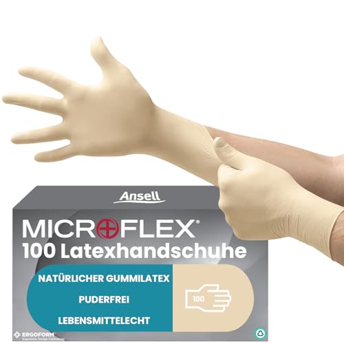 Ansell Microflex 63-864, Einmalhandschuhe mit Texturierten Fingerspitzen, Latexhandschuhe industriegeeignet, Lebensmittelhandschuhe zertifiziert, Arbeitshandschuhe, Einweghandschuhe, 100 Stück, Gr. S von Ansell