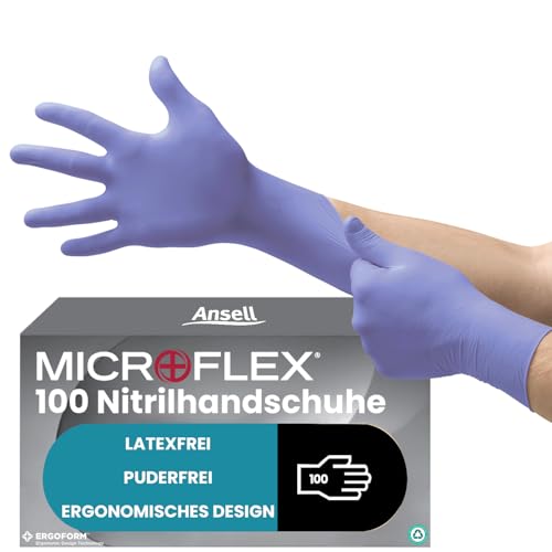 Ansell Microflex 93-843 Latexfreie Einweghandschuhe, Nitrilhandschuhe Puderfrei, Einmalhandschuhe Violett, Chemikalien-Schutzhandschuhe, Lebensmittel Handschuhe XS (100 Stück) von Ansell