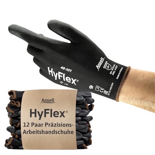 Ansell HyFlex 48-101 Dünne Arbeitshandschuhe mit PU Beschichtung, Leichte Schutzhandschuhe für Präzises Arbeiten, Heimwerk, Montage, Handschuhe Herren Damen, Schwarz, Größe XL (12 Paar) von Ansell