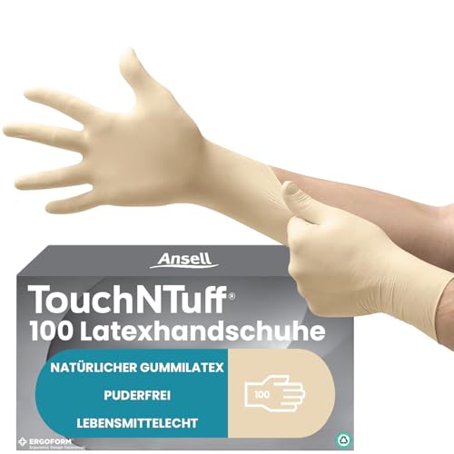 Ansell TouchNTuff 69-318 Latex Einweghandschuhe Puderfrei, Professionelle Schutzhandschuhe mit Texturierte Fingerspitzen, Lebensmittel Einmalhandschuhe, Weiß, Größe L (100 Handschuhe) von Ansell