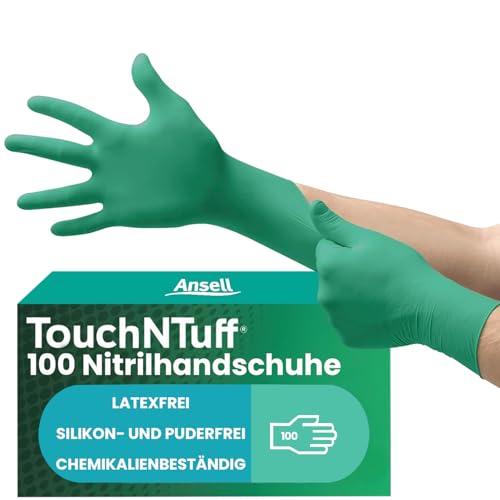 Ansell TouchNTuff 92-600,Nitril- Einmalhandschuhe, Einweghandschuhe für Lebensmittel, Chemikalienschutzhandschuhe mit hohem Schutz, Latexfreie Handschuhe, Grüne Nitrilhandschuhe, 100 Stück, Gr. L von Ansell