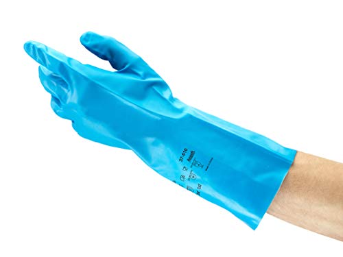 Ansell AlphaTec 37-510 Nitril-Handschuhe, Zugelassen für Lebensmittel, Einzigartigen Nass- und Fettgriff, Arbeitshandschuhe Wiederverwendbarer, Blau, Größe L (12 Paar) von Ansell