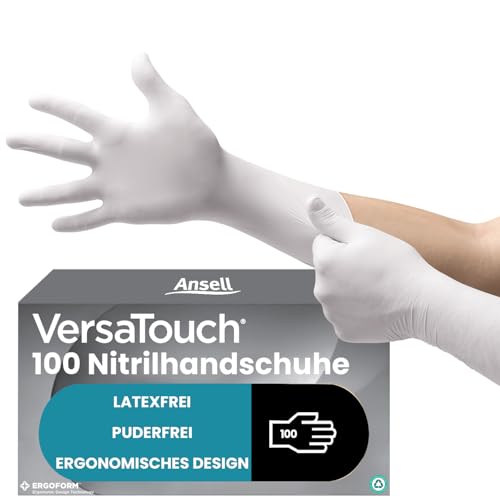 Ansell VersaTouch 92-205 Latexfreie Einweghandschuhe, Lebensmittel Handschuhe Puderfrei, Einmalhandschuhe Weiß, Chemikalien-Schutzhandschuhe, Nitrilhandschuhe M (100 Stück) von Ansell
