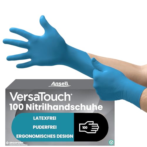 Ansell VersaTouch 92-465 Latexfreie Einmalhandschuhe, Nitrilhandschuhe Puderfrei, Einweghandschuhe Blau, Chemikalien-Schutzhandschuhe, Einweghandschuhe L (100 Stück) von Ansell