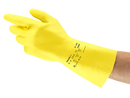 Ansell Econohands Plus Ansell 87-190 / 7.5-8 Naturgummilatex Handschuhe, Chemikalien und Flüssigkeitsschutz, Größe 7,5-8, Gelb (12 Paar pro Beutel) von Ansell