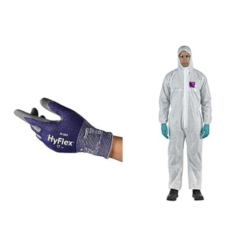 HyFlex 11-561 Schnittschutz-Handschuhe, Nitril-beschichtung, Höchste Weiterreißfestigkeit, Blau, Größe XL (1 Paar) + AlphaTec 1500 Model 138, Einweg-Schutzanzug mit Kapuze Weiß, Größe L (1 Stück) von Ansell