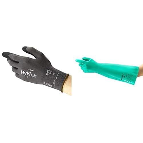 HyFlex 11-840 Professionelle Arbeitshandschuhe, Industrie-Schutzhandschuhe Schwarz, Größe L (3 Paar) + AlphaTec 37-185 Nitril-Arbeitshandschuhe, Industrie Chemikalien, Latexfrei,Grün, Größe L (1 Paar) von Ansell