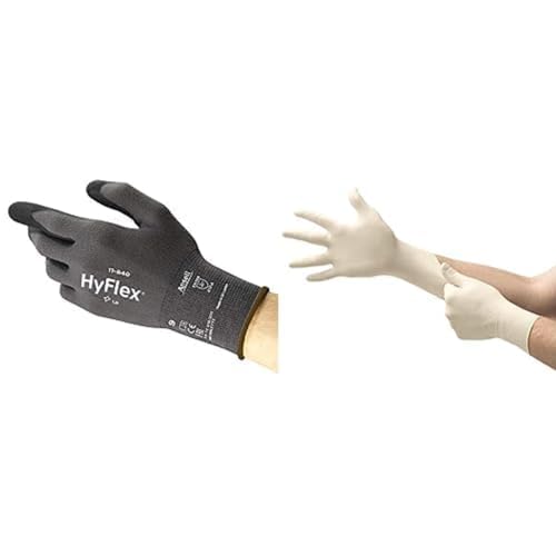 HyFlex 11-840 Professionelle Arbeitshandschuhe,Nitril-Beschichtung,Schwarz, Größe L (3 Paar) + TouchNTuff 69-318 Latex Einweghandschuhe, Professionelle Schutzhandschuhe, Weiß, Größe L (100 Handschuhe) von Ansell
