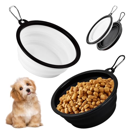 Anseom 2 Stück Faltbar Hundenapf Silikon Haustier Klappbarer Reisenapf Tragbare Auslaufsichere Trinkschale für Hunde Katzen mit Haken für Unterwegs Camping Reise 650ml (Schwarz und Weiß) von Anseom