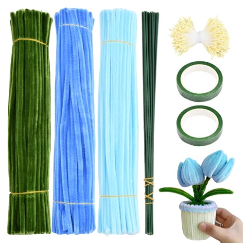 Anseom 300 Stück Tulip Bouquet Pfeifenreiniger Set, 30cm Lang Chenilledraht Bunt mit 3 Farben, Pfeifenreiniger Blumen Kit mit 20 Stück Grün Basteldraht, 400 Staubgefäße, 2 Kreppband (Blau) von Anseom