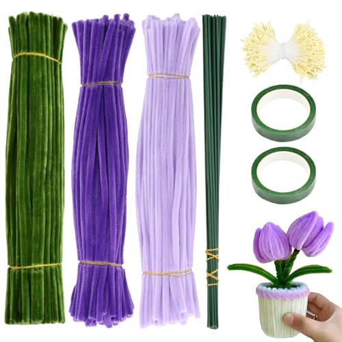 Anseom 300 Stück Tulip Bouquet Pfeifenreiniger Set, 30cm Lang Chenilledraht Bunt mit 3 Farben, Pfeifenreiniger Blumen Kit mit 20 Stück Grün Basteldraht, 400 Staubgefäße, 2 Kreppband (Blau) (Lila) von Anseom