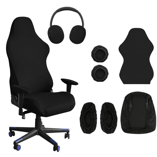 Anseom 6 Stück Gaming Stuhl Bezug, Dehnbar, Abnehmbar & Waschbar Stuhlbezug mit Armlehnen/Stuhlrücken Bezug/Sitzbezug/Kopfhörerabdeckung Stuhlhussen für Gamning-Stuhl Computerstuhl Drehstuhl(Schwarz) von Anseom