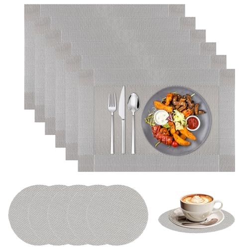 Anseom 6er Set Tischsets Abwaschbar aus PVC Tischsets Abwaschbar Untersetzer Antifouling Platzdeckchen Platzset Hitzebeständig rutschfest für Küche Restaurant Speisetisch, 45x30cm (Silbergrau) von Anseom
