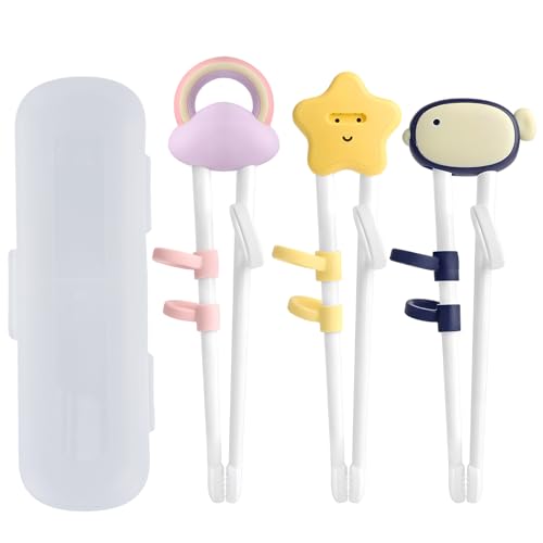 Anseom Kinder Training Essstäbchen, 3 Paar Kinder lernen Essstäbchen mit 1 Aufbewahrungsbox, ergonomische rechte Hand Essstäbchen Cartoon Praxis Essstäbchen für Kleinkind Anfänger Aldult von Anseom