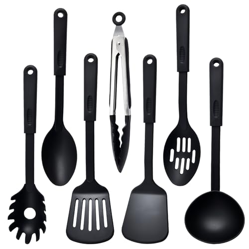 Anseom Küchenhelfer Set, 7 Stücke Nylon Küchenutensilien Set Spülmaschinenfest Kochbesteck Set, Hitzebeständiger Kochgeschirr Antihaft Kochset Küchenutensilien, Kochutensilien Küchen Zubehör, Schwarz von Anseom