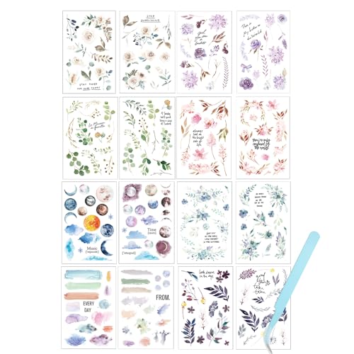 Anseom Rub On Transfer Stickers Set, 16 Blatt Blumen Aufkleber Decals Blätter Planeten Transfer Aufkleber, Wasserdichte Dekorative Aufkleber DIY Transfer Aufkleber für Scrapbook Album Glas Tasse von Anseom