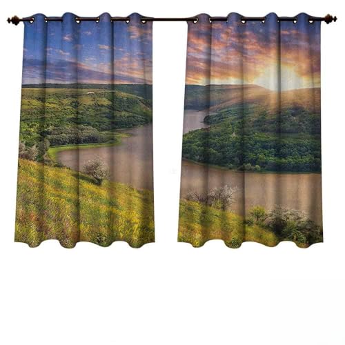Anshesix Nature Outdoor Ultraviolet Protective Curtains Rising Sun Over Calm Riverbed with Lush Trees and Meadows Shrubs Hillside Cloudy Sky W72 x L63(183cm x 160cm) von Anshesix