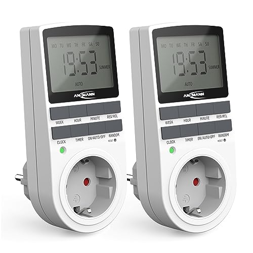 ANSMANN Digitale Wochenzeitschaltuhr AES4 (2 STK.), elektrische Zeitschaltuhr Steckdose für Innen, LCD, 10 konfigurierbare Programme, einbruchsichere Zufallsfunktion, Sommerzeitschaltung, max. 3680W von Ansmann