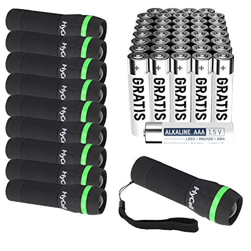 HyCell 10x Mini LED Taschenlampen Zoombar,Fokussierbar inkl.AAA Batterien+40 AAA Batterien Gratis-Handliche LED Leuchte mit stufenloser Fokussierung-für Camping Werkstatt Handtasche,Schwarz, 1600-0522 von Ansmann