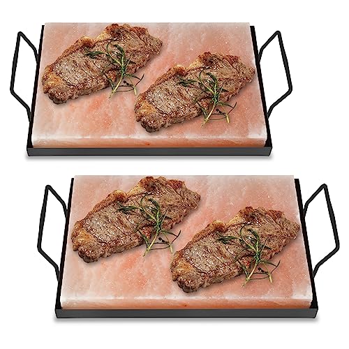 Ansobea 2 set XXL Salzstein zum Grillen, 20x30x3cm Salz Grillsteine Mit Eisenplatte, Original Kristallsalz aus dem Vorgebirge, Wiederverwendbar Salzgrillstein, Salzplatte zum Grillen für BBQ von Ansobea