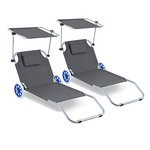 Ansobea 2X Sonnenliege klappbar mit Rollen,Aluminium Sonnenliege mit Sonnendach und Rückenlehne Verstellbar für Camping Freizeit Garten Strand (grau) von Ansobea