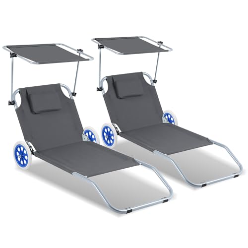 Ansobea 2er Sonnenliege mit Dach Liegestuhl klappbar mit Rollen,Strandliege 5-Fach Verstellbarer Rückenlehne,Gartenliege bis 100kg belastbar Campingliege für Strand oder Pool Garten,Alu,Grau Ansobea 2er Sonnenliege mit Dach Liegestuhl klappbar mit Rollen,Strandliege 5-Fach Verstellbarer Rückenlehne,Gartenliege bis 100kg belastbar Campingliege für Strand oder Pool Garten,Alu,Grau von Ansobea
